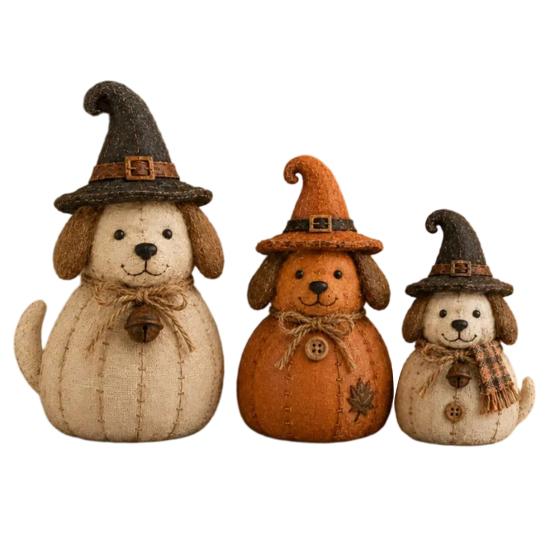 Halloween Table Decorations 3Pcs Witch Cat Dog Statues, Resin Rustic Farmhouse Small Harvest Figures Ornaments for Autumn Thanksgiving, Fireplace