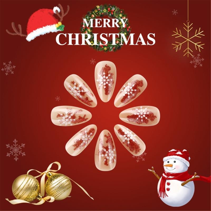Medium Almond Christmas Press On Nails Glitters Design Full Cover Glossy Acrylic Nails False Nail Decoration 24pcs