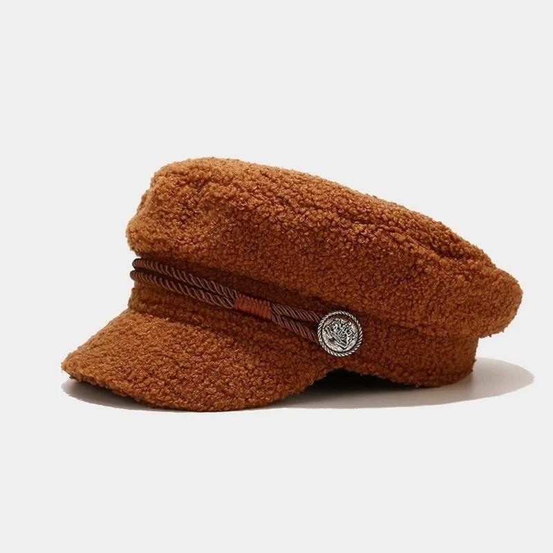 Herbst Winter Militär Kappe Frauen Mode Lammwolle Zeitungsjunge Mütze Damen Casual Warm Halten Flachen Hut Weibliche
