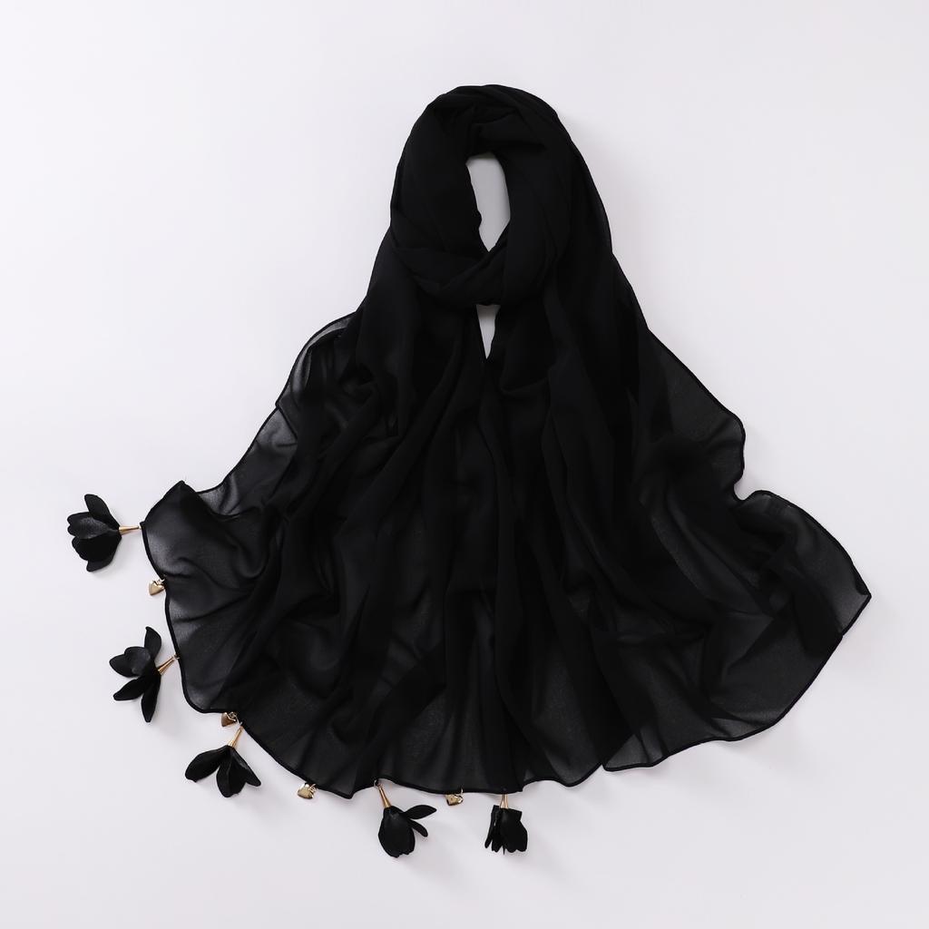 Handmade Alloy Love Flower Chiffon Hijab Beads Scarves Plain Shawls Women Sunscreen Headscarf Head Wrap Hijabs Ramadan Turban