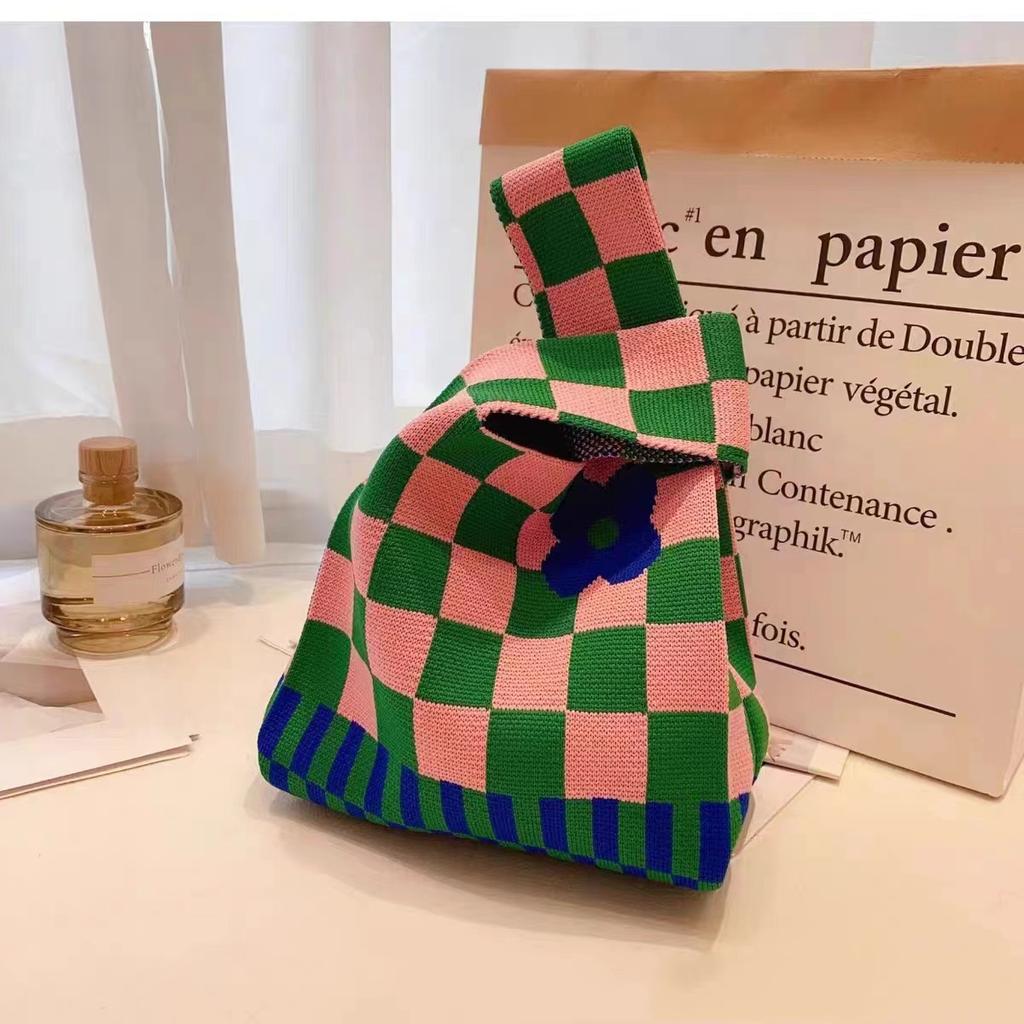 Women's Knot Wrist Bag Handmade Knitted Bag Portable Mini Striped Tote Bucket Phone Bags Large Capacity Autumn Winter Handbags