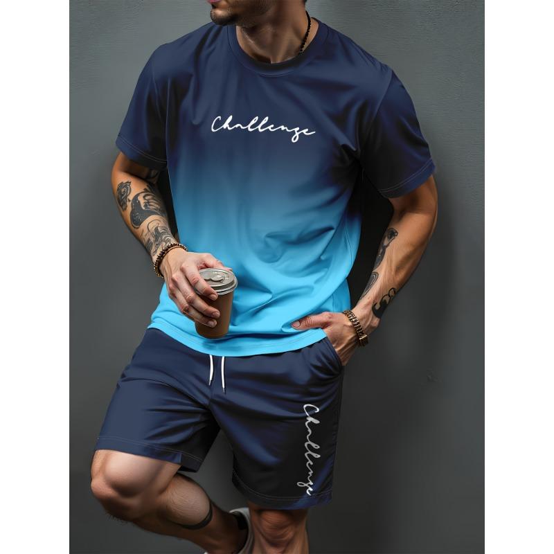 Heren Zomer Casual T-shirt en Korte Broek Set Verloop Letterpatroon Sportieve Tweedelige Set Stedelijke Mode Casual Trend Set