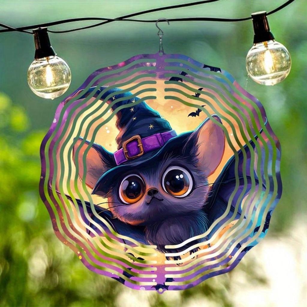 2D Mandala Wind Chime with Wizard Hat & Bat Design - Metal Hanging Decor for Garden, Indoor & Outdoor Use, Perfect for Halloween, Thanksgiving