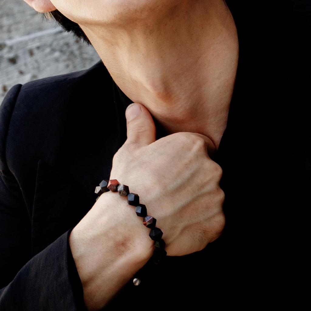 Geflochtenes Perlenarmband mit Silber Schwarz und Rot Tigerauge Natur [AWNL] Obsidian, Onyx, Steine, Geschenk für Männer, 17,5cm-19cm