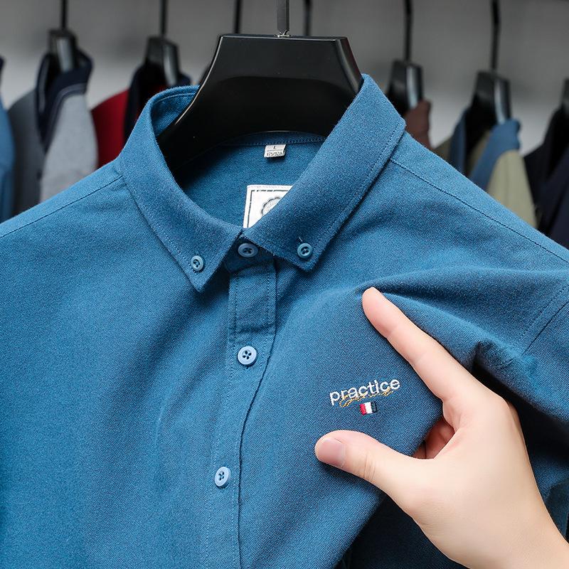 

Мужская немнущаяся оксфордская рубашка с длинным рукавом из чистого хлопка, однотонная с вышивкой, осенний повседневный топ 2XL серый/синий