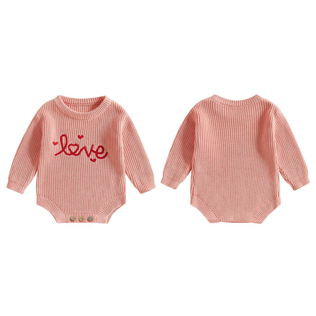 Baby Girl Valentine 's Day Romper Long Sleeve Round Neck Letter Embroidery Knit Bodysuit Newborn Outfit