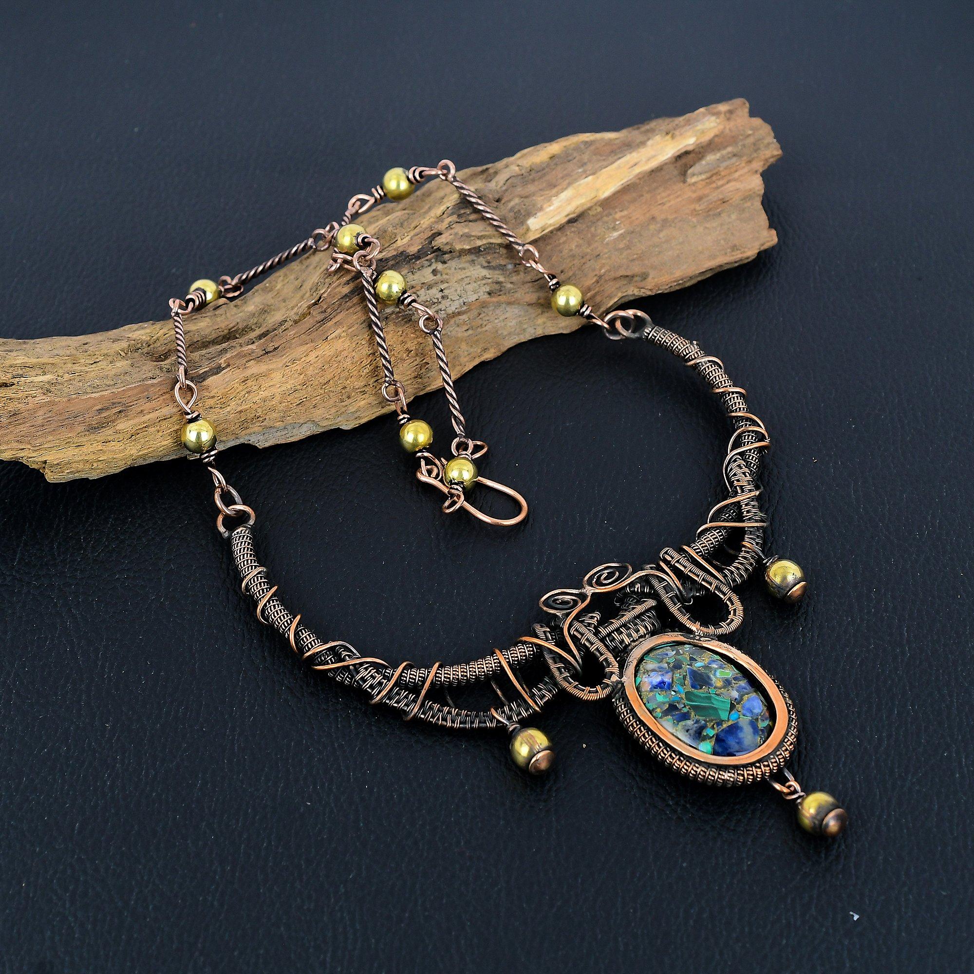 

Медное ожерелье с малахитом, ювелирное изделие с драгоценным камнем, ожерелье, обмотанное медной проволокой 999 пробы, регулируемое ожерелье-цепочка ручной работы, подарок для жены, ювелирное изделие