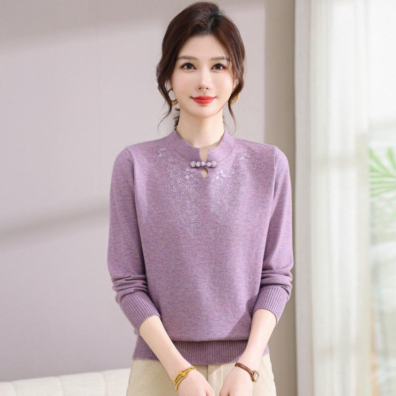 Middle-aged and old women's clothing, spring and autumn knitted loose sweater, mother's spring clothing, new stand-up collar bottoming shirt, top