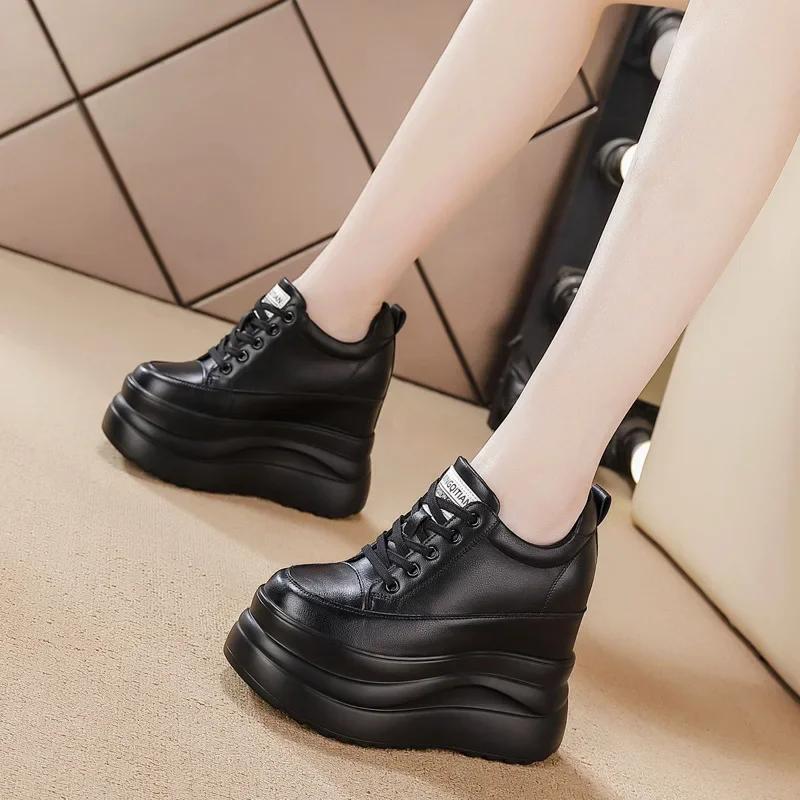 Top Quality 13cm Genuine Leather Platform Wedge Flats Shoes Chunky Sneaker Casual Comfy High Brand Spring Autumn Vulcanize Shoes