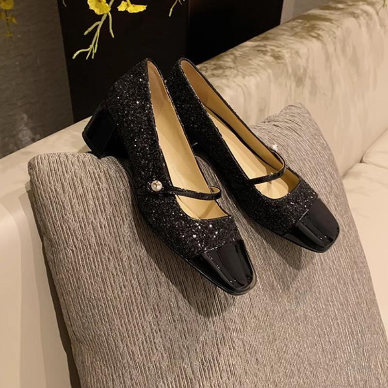 Grape Mother Studiolee Sparkling Sequins Banquet Small Fragrant Style Square Head Word with Thick Heel Mary Jane Single Shoes Women