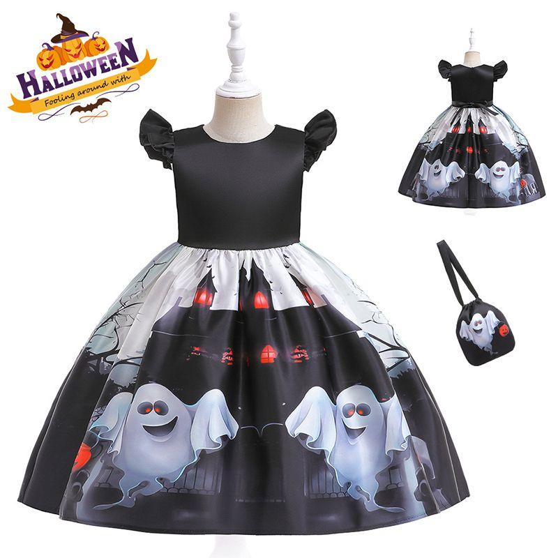 Silky And High Quality Halloween Costume Dress With Pumpkin Bag For Children