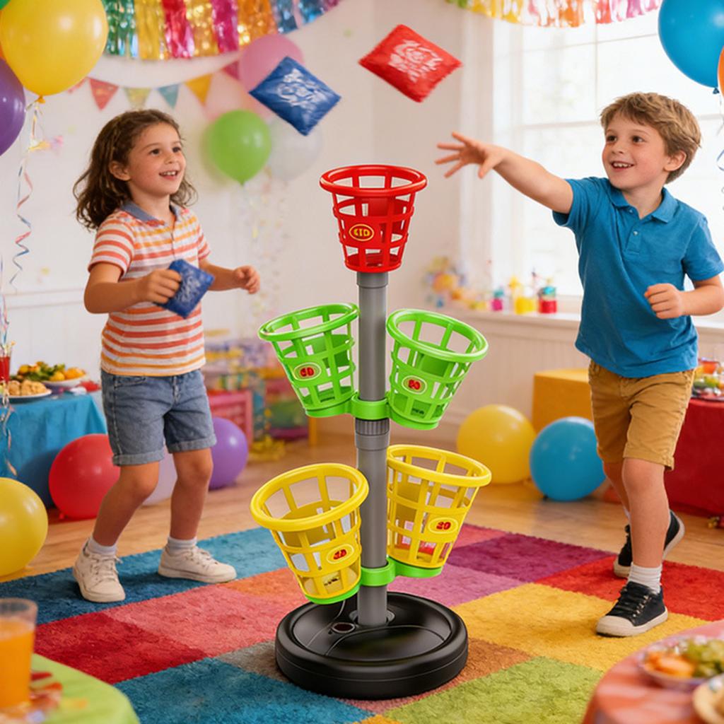 Children Bean Bag Toss Game Set with Adjustable Stand and Multiple Scoring Baskets for Indoor and Outdoor Play Activities