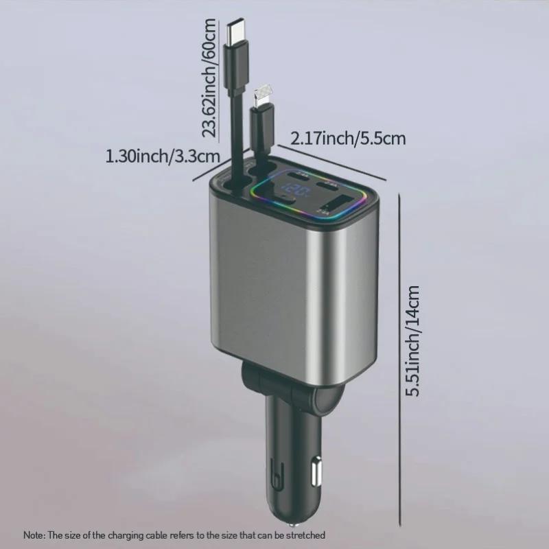 Fast Charger Car Adapter Car USB Charger Adapter Ambient Lighting Car Charger Port Type C Igniter Phone Adapter With Retractable