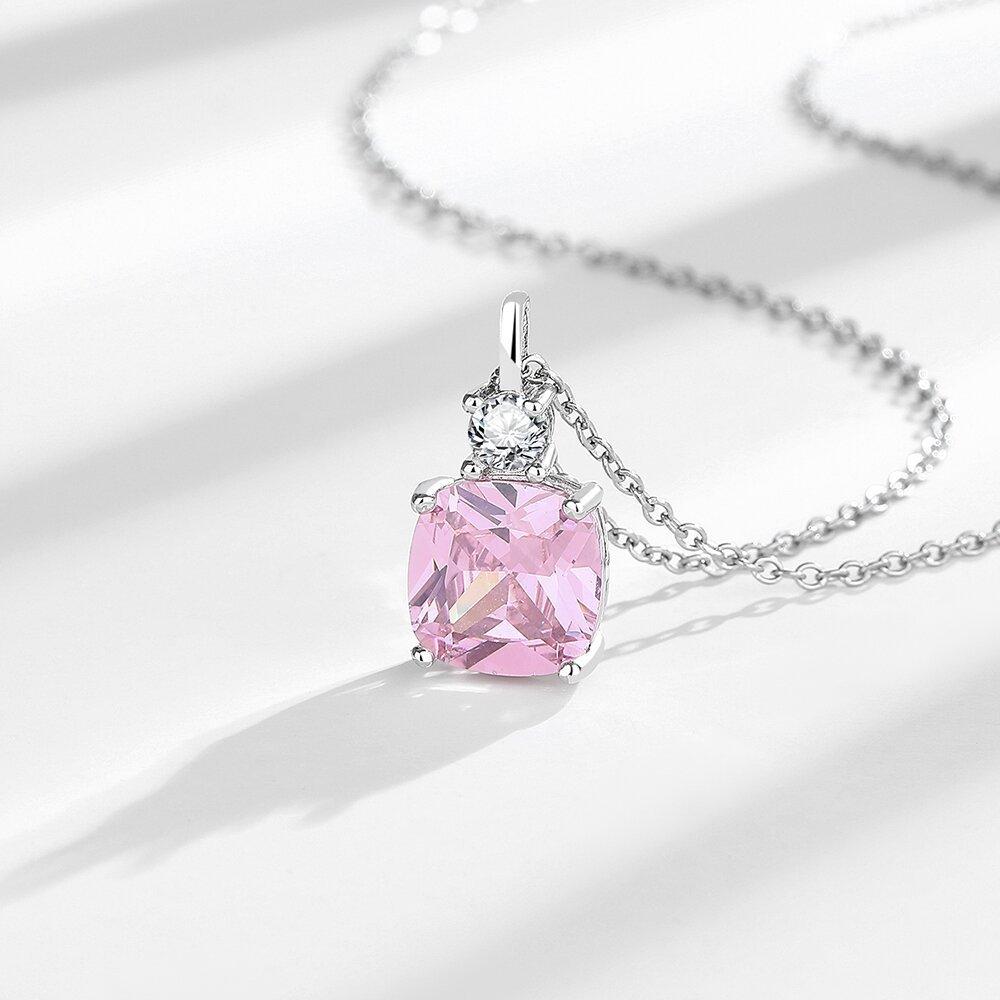 New Arrival Pink Cubic Zirconia Pendant Necklace 925 Silver Square Cut Chain Necklace for Women Luxury Wedding Jewelry Gift