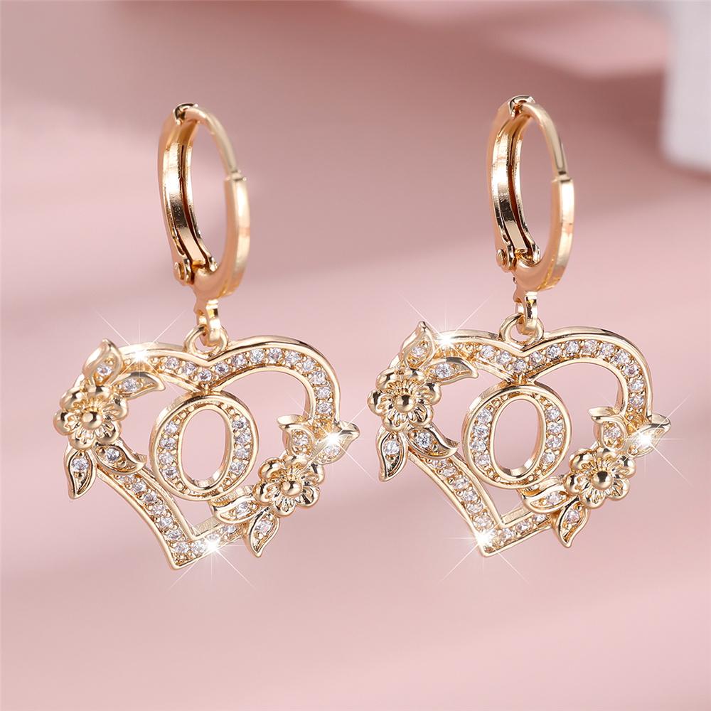 Vintage Hollow Love Heart Flower A-Z 26 Letters Hoop Earrings Yellow Gold Color White Zircon Earring Wedding Jewelry For Women