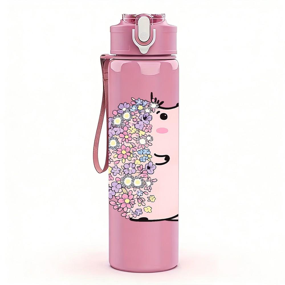 1PC Pink Guinea Pig Cute Cartoon Print 750ml Color Plastic Sports Water Bottle Leakproof Flip Straw Lid Suitable for Sports Office Home Use