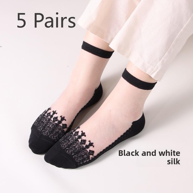 

5 Pairs Spring and Summer Classical Floral Glass Stockings Women s Casual Socks Thin Crystal Silk Tube Women s Socks 5 Pairs чёрный/белый