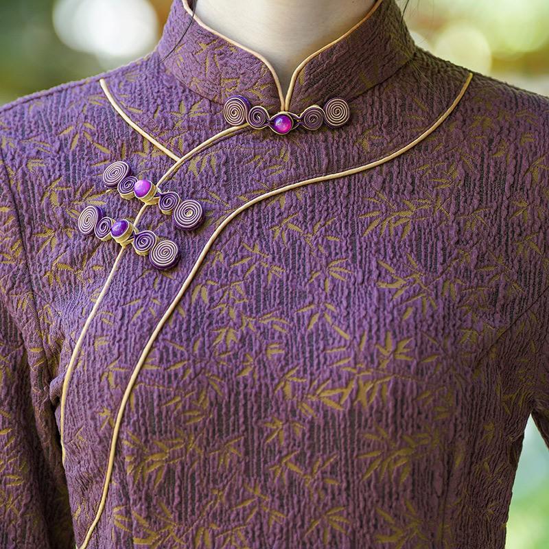Elegant Purple Modern Chinese-Inspired Long Sleeve Dress Women Winter Vintage Style
