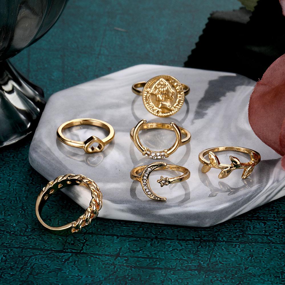 2024 Coin Crescent Leaf Ring Set 6-delt personlig ring Punk stil ring motenøytral trend