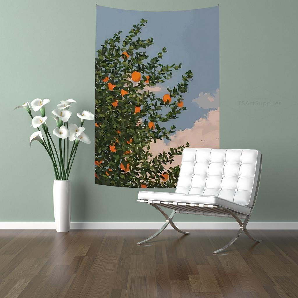 1Pc Warm Tone Citrus Plant Tapestry Polyester 2D Flat Wall Art For Bedroom Living Room - Healing Home Decor Gift