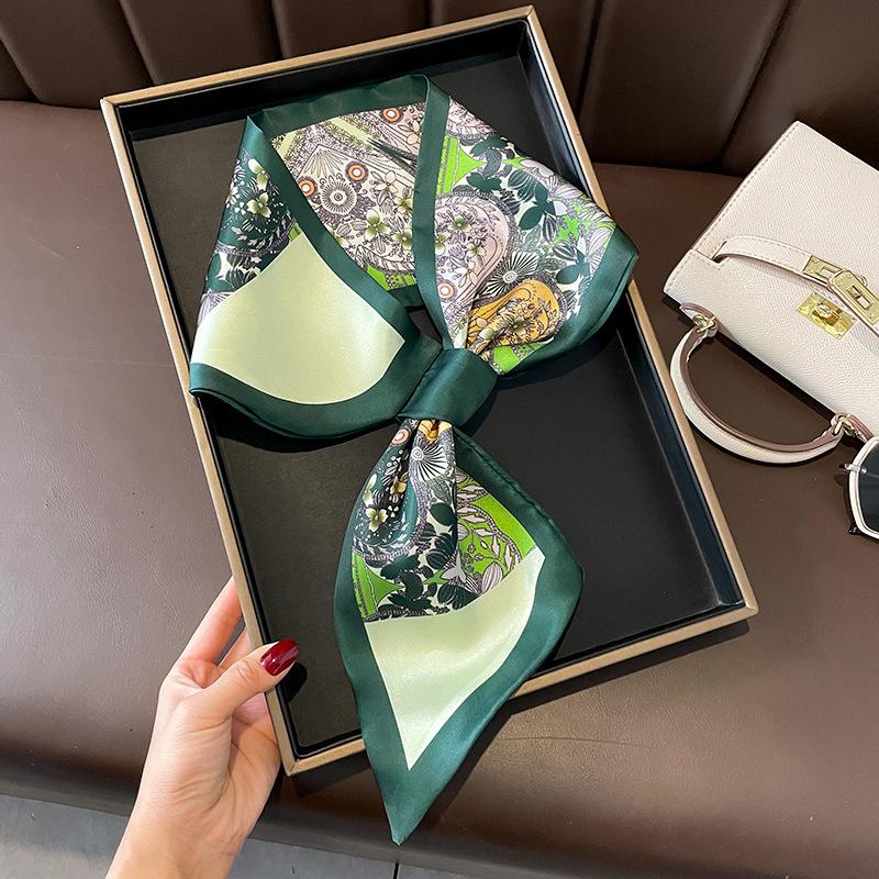 Korea Green Jungle Double-layer Satin Lazy Cross Bevel Silk Scarf Women s Small Ear Scarf Versatile Light and Thin Scarf 77*14cm