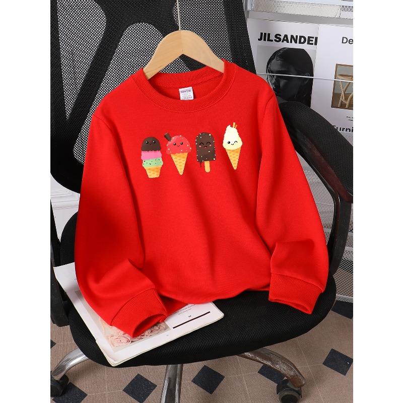 Kids Crewneck Long Sleeve Sweatshirt,Cute Cartoon Ice Cream Characters Print