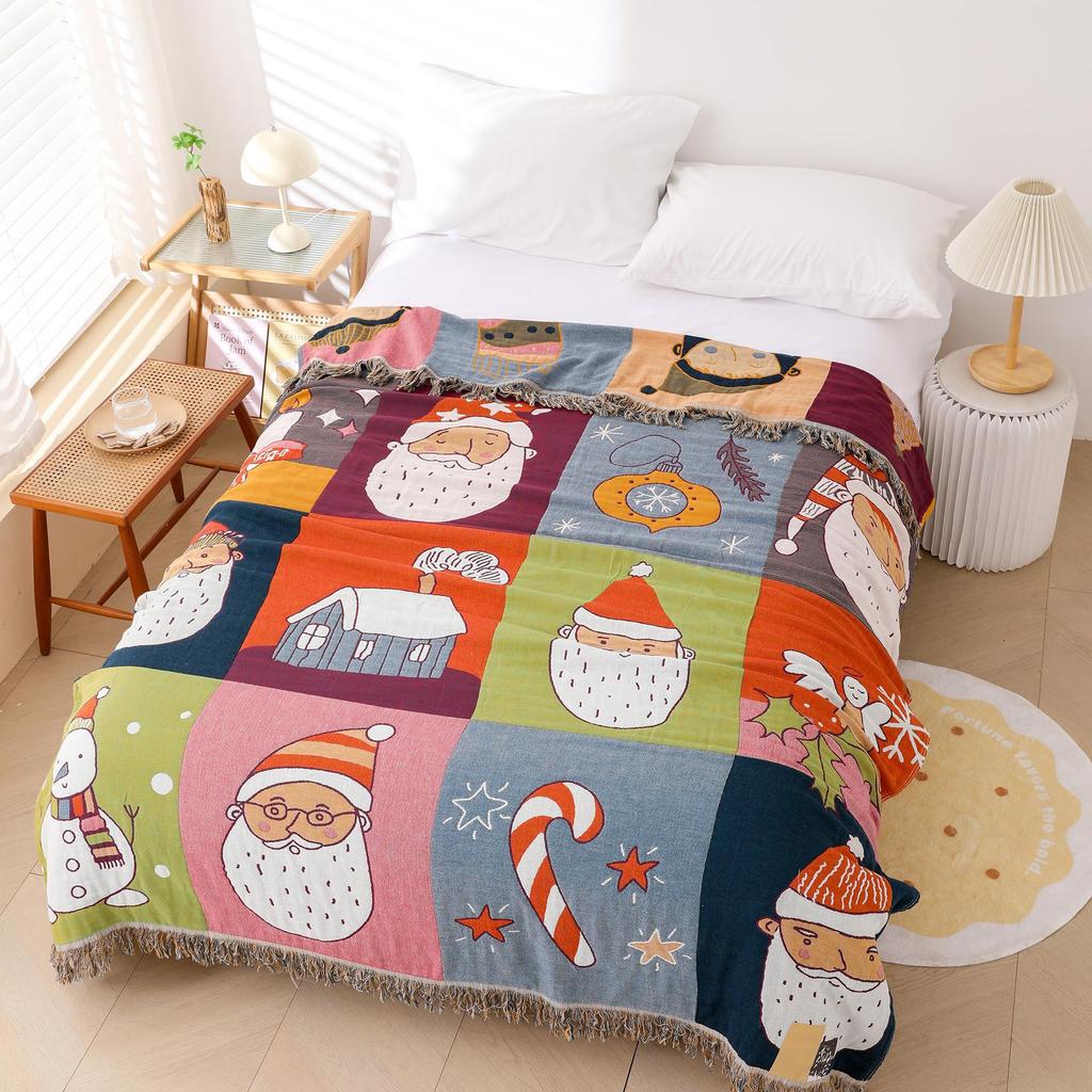Christmas Tassel Throw Blanket, All Cotton, Machine Washable, Breathable, Single Bed Fitted Sheet Style