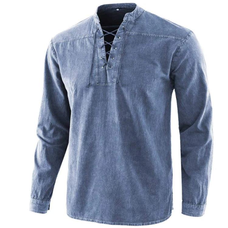 Men's Spring Solid Color Retro Durable Stand Up Collar Shirt, Youth Long Sleeved Casual Pullover Top