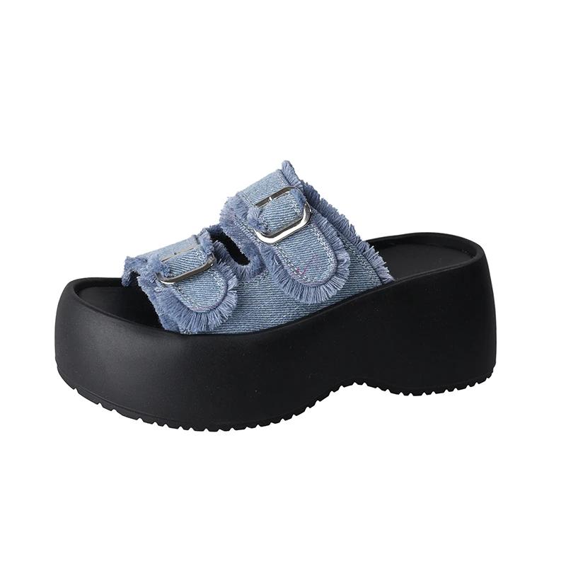Fashion Platform Slippers Women Summer New Versatile Metal Buckle One Word Buckle Strap Casual Outside Wear Retro Fashion Cool Mopping