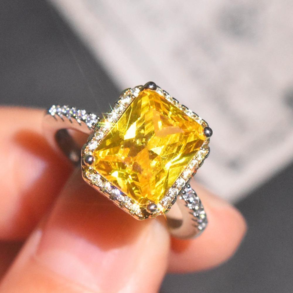 Luxury Open Ring with Yellow Diamond and Pink Crystal Princess Square Engagement Ring for Women adjustable