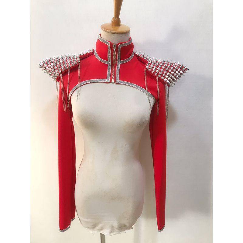 

Cool Easiest for Match Rivet Padded Shoulder Flying Shoulder Jacket Costumes Nightclub Bar Gogo Singer DS Costume Red S