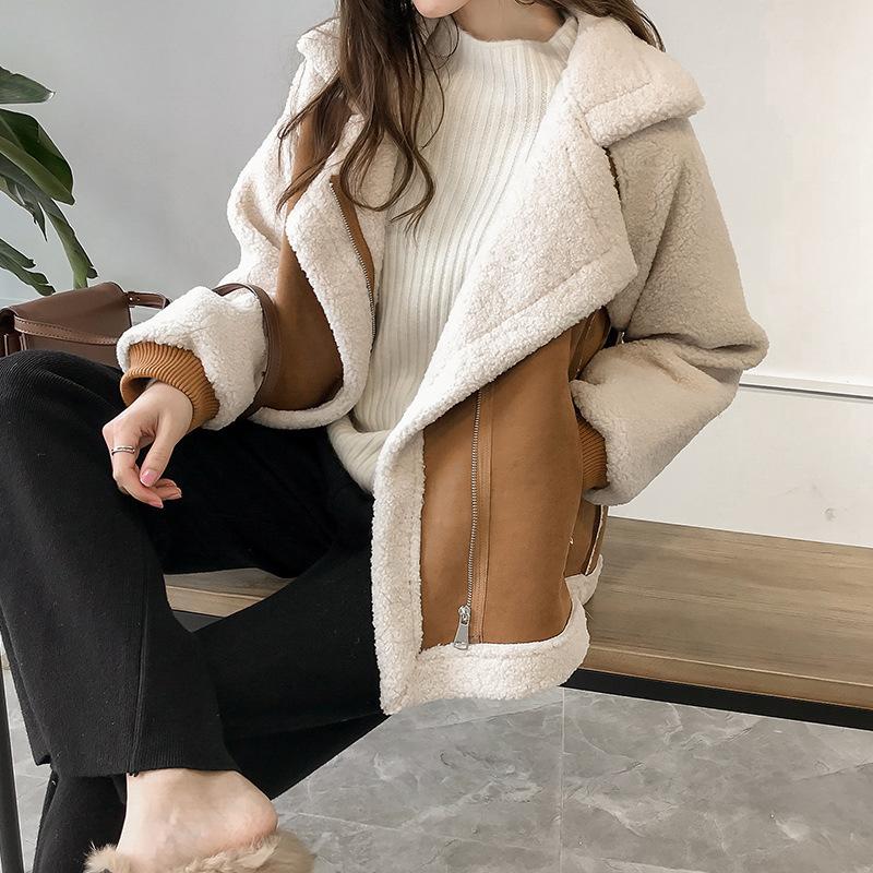 Chaqueta de ante para mujer, chaqueta de moto de piel de cordero integrada, corta, suelta y gruesa
