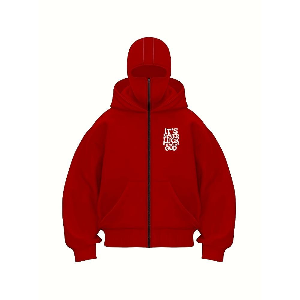 Men's Red Hooded Zipper Jacket "It's Never Luck It's Always God" Printed Jacket with Polyester Ribbed Cuffs and Hemps for Autumn and Winter
