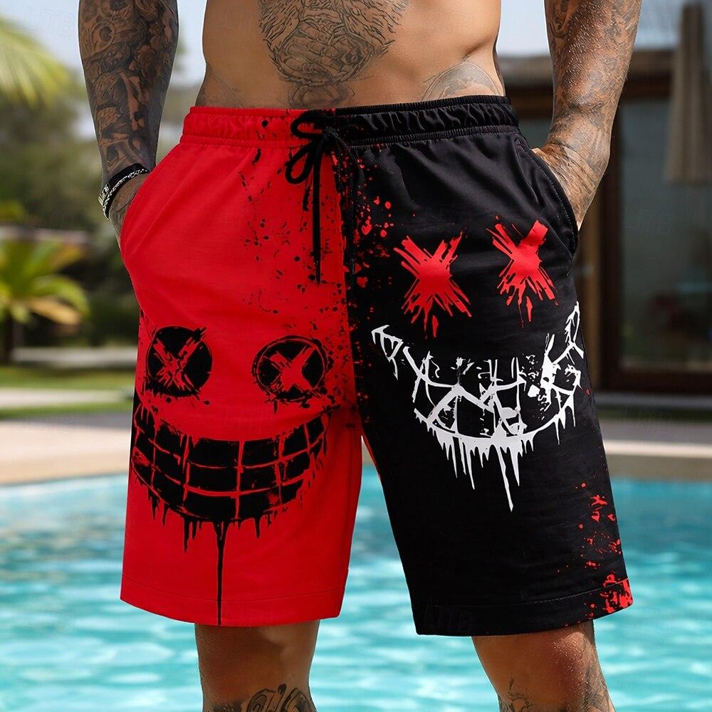

Men s Cartoon Smile Face Shorts Mid Waist Vintage Drawstring Waist Side Pockets Daily Wear for Spring & Summer S