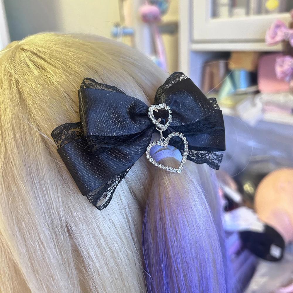 2/1pcs Y2k Gothic Harajuku Lace Bow Hair Clips Lolita Girls Sweet Cool Hairpins Double Ponytail Hair Accessories DIY Bag Decor