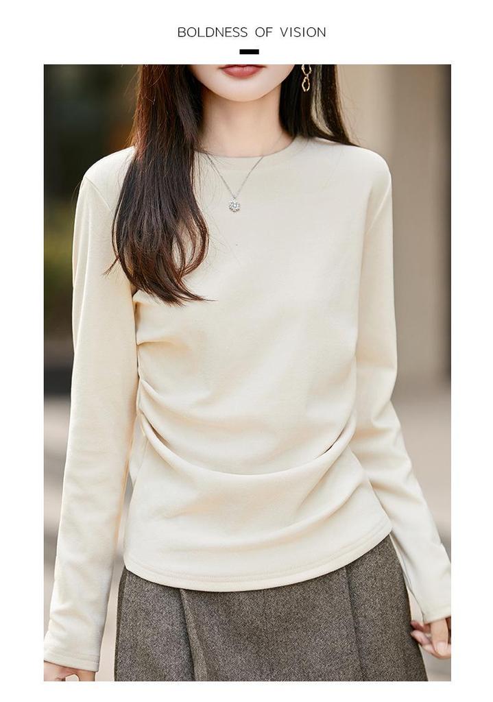2025 Fall/Winter Women's Round Neck Pleated Double-Sided Fleece Long-Sleeve Knit Top