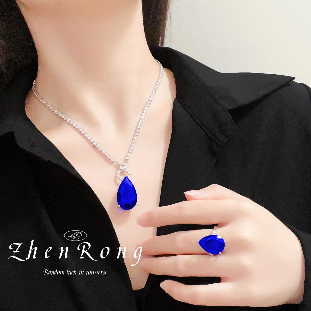 Luxury Women Jewelry Set Blue Sapphire Pendant Necklace Vintage French Style Drop Earrings Ring Gemstone Gift Set