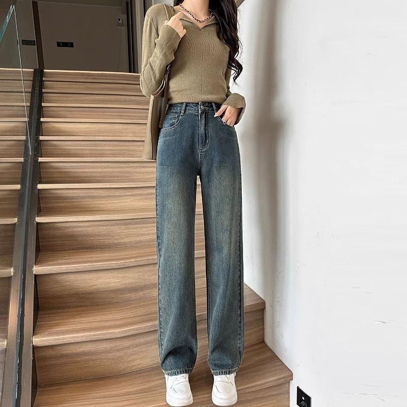 Retro velvet jeans women's autumn and winter narrow version straight wide-leg pants show high and thin long pants