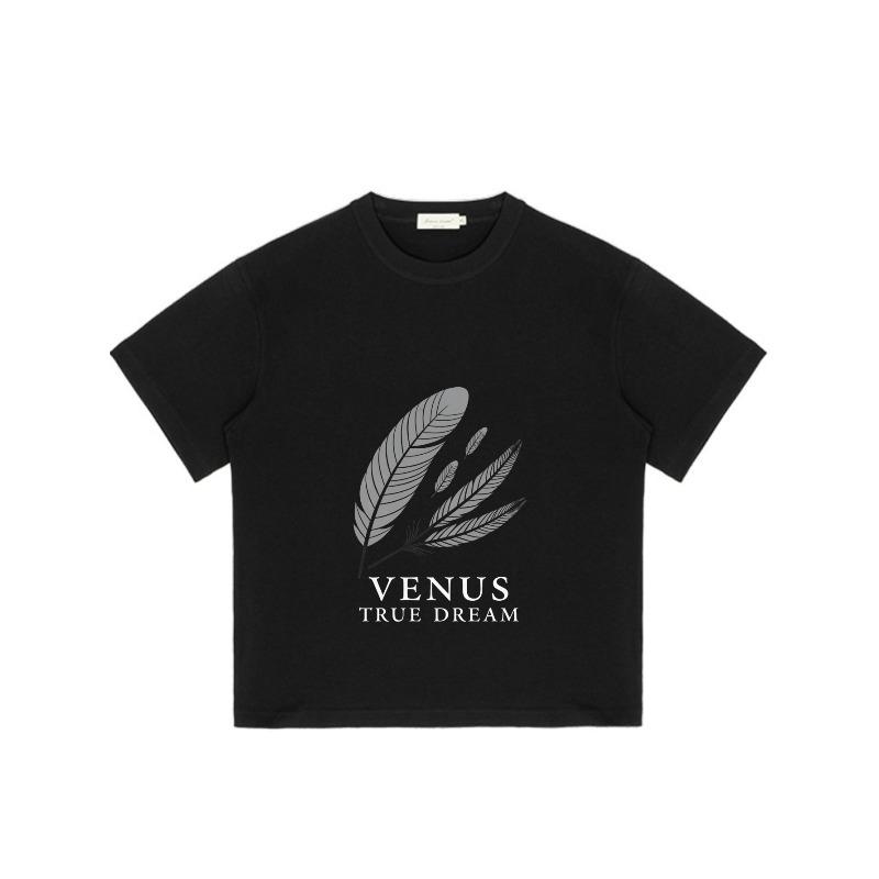 Black T Shirt With Feather Pattern And Venus True Dream Text For Casual Wear