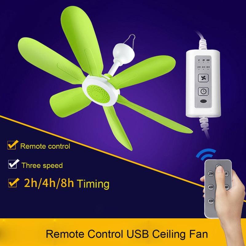 6 Leaves USB Powered Ceiling Canopy Fan with Remote Control Timing 3 Speed Hanging Fan for Camping Bed Tent Home