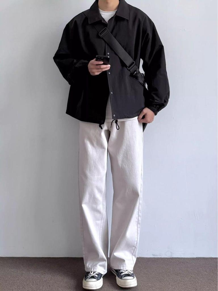 Herren Japanische Retro Locker Geschnittene Coachjacke - Umlegekragen, Vielseitige Unifarbe, Schlichte Frühling/Herbst Arbeitskleidung, Trendiger Uniformstil.