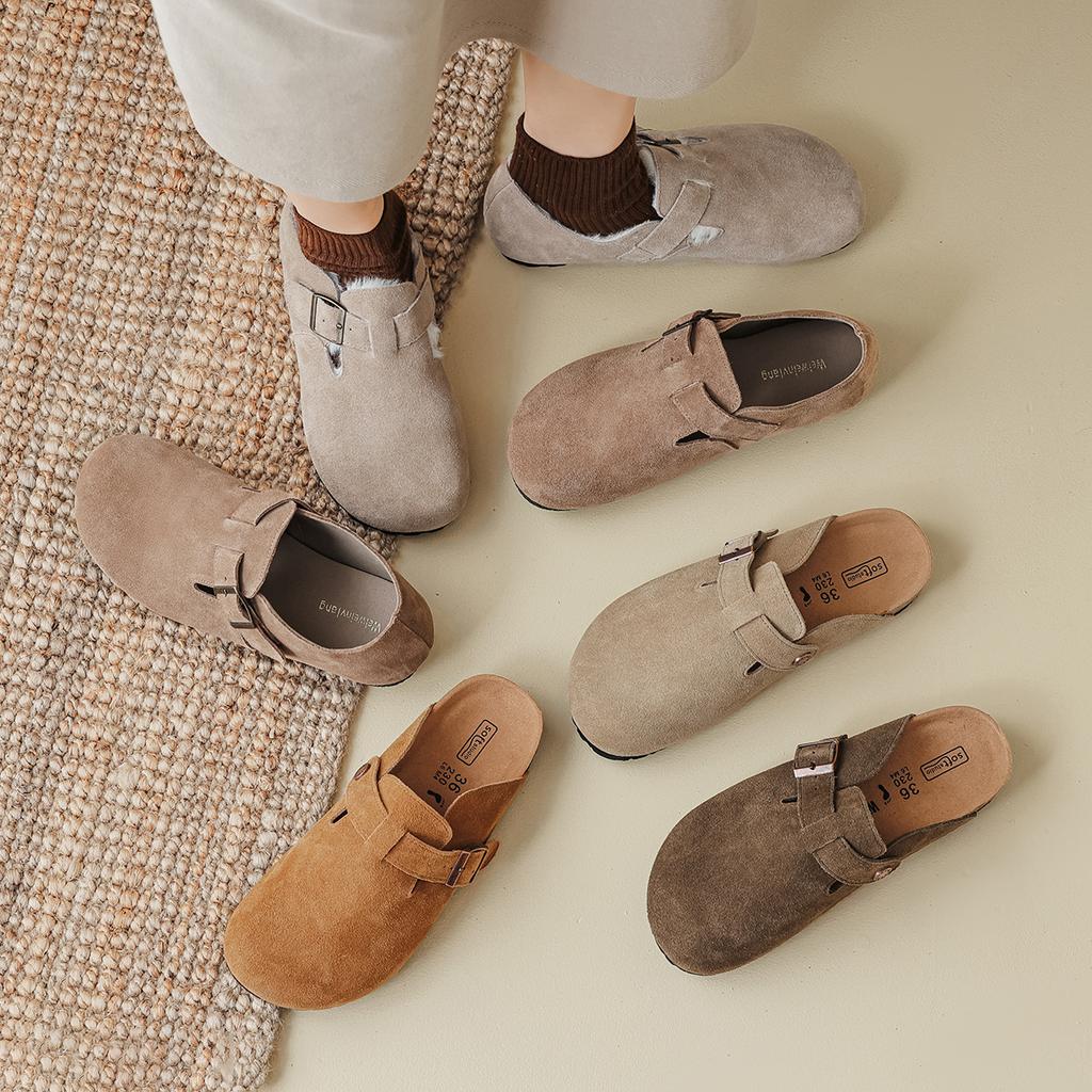 Leather half slippers women's autumn retro cork platform bag head drag large size women's shoes