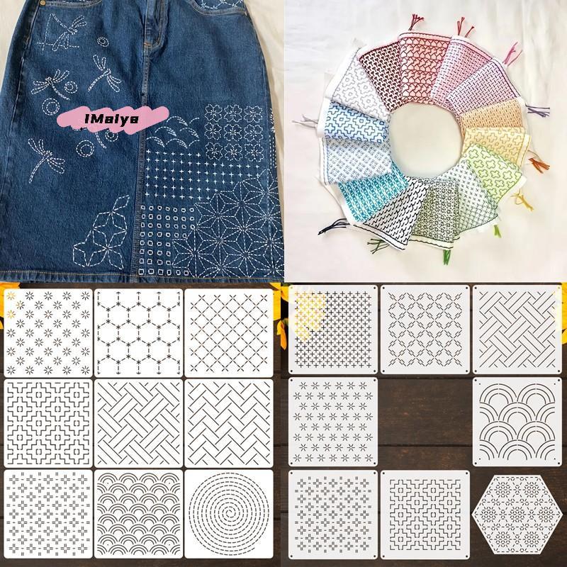 8/9/24/32 Pezzi Modelli per Ricamo Sashiko Riutilizzabili Stencil per Cucito su Animali Domestici Modelli di Ricamo Fai-da-te Modello Geometrico a Linea per Trapuntatura