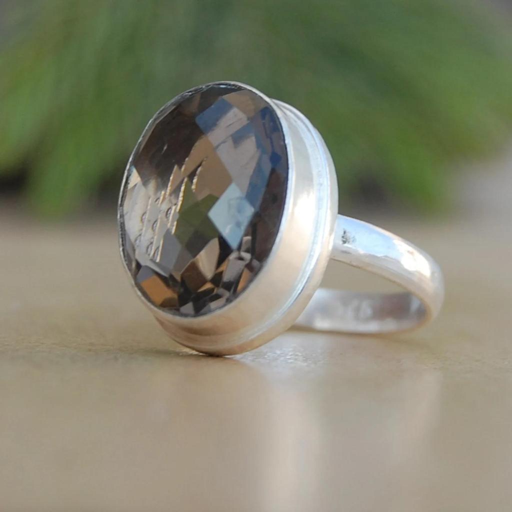 Oval Rose Cut Smoky Quartz 925 Sterling Silver Ring Jewelry, Handmade Brown Smoky Statment Gift Ring
