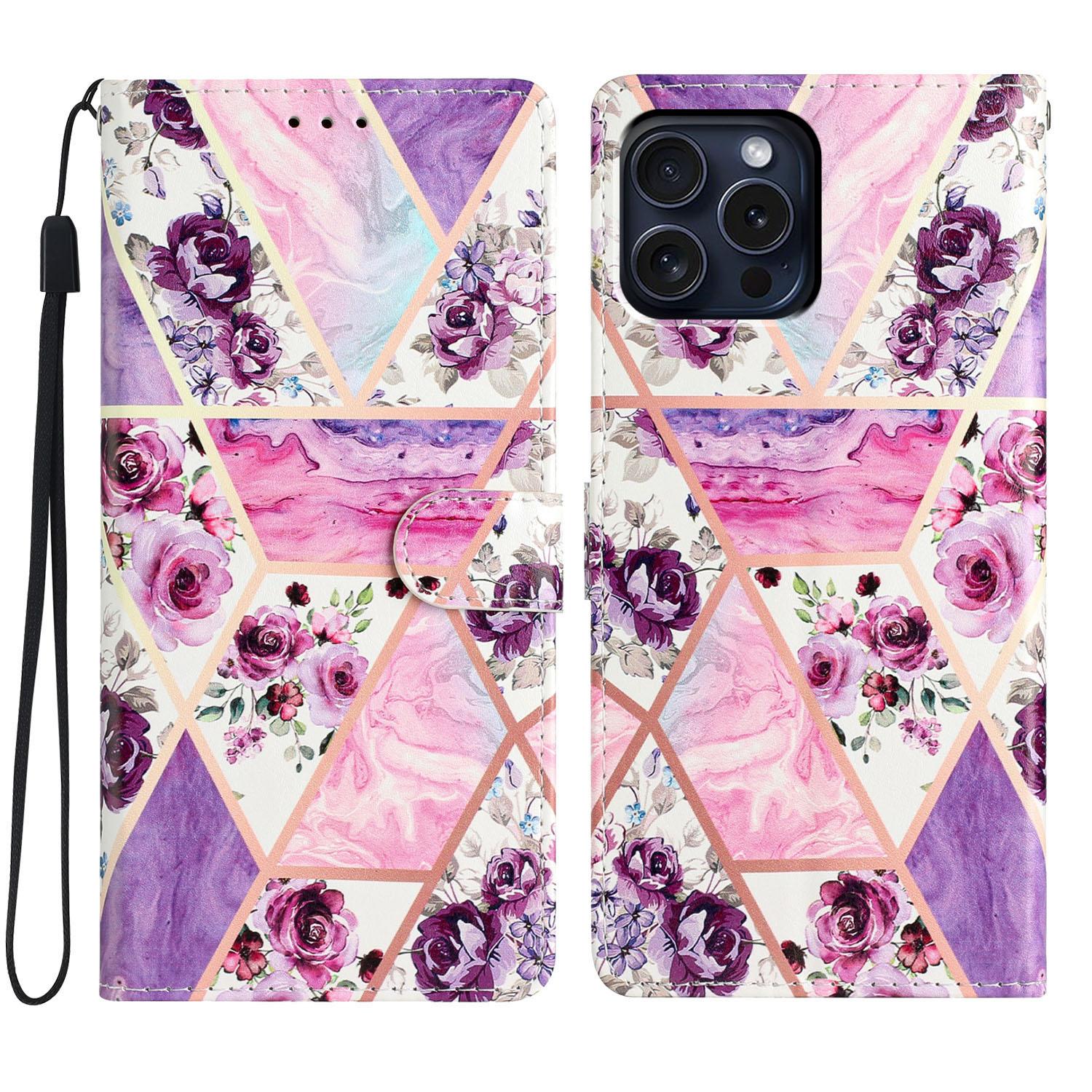 

For iPhone 16 Pro Case Print Pattern Design PU Leather Phone Cover with Card Slots Wrist Strap Purple Flowers
