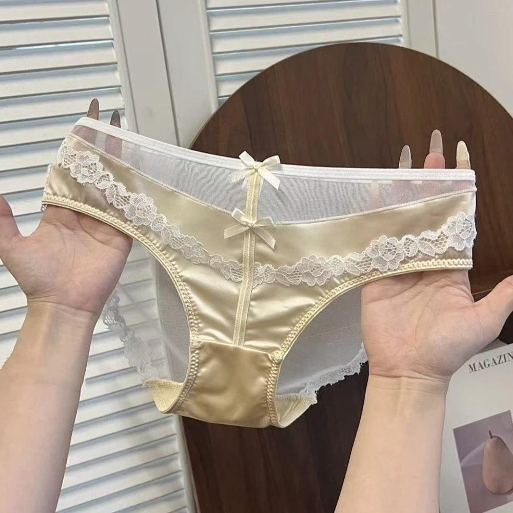 Bow Underwear for Women Transparent Mesh Lace Briefs Lingerie Lace Flower Panties  Lady