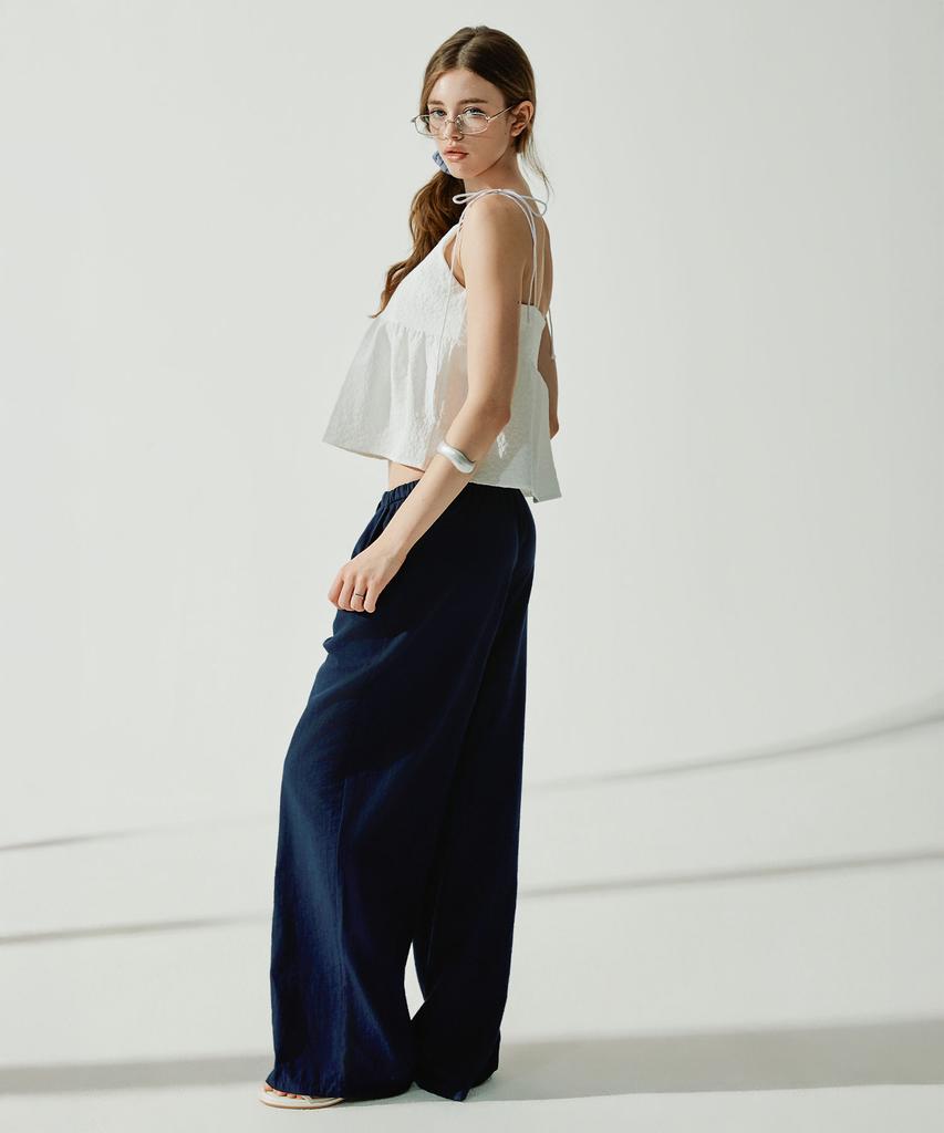 VIKINI VENDER Slow Linen Elastic Waist Wide Pants - Navy