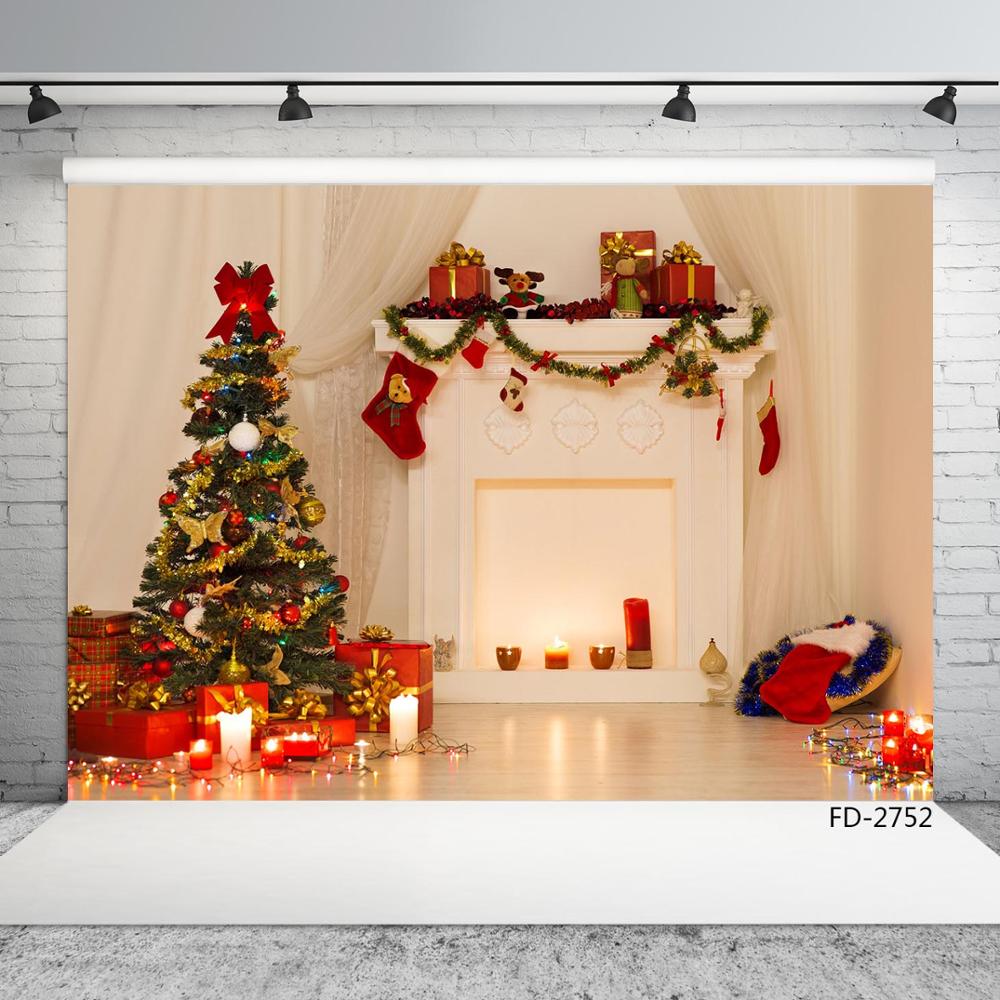 Christmas Tree Gifts White Fireplace Photography Backdrop Vinyl Studio Party Background for Baby Children Photoshoot Props
