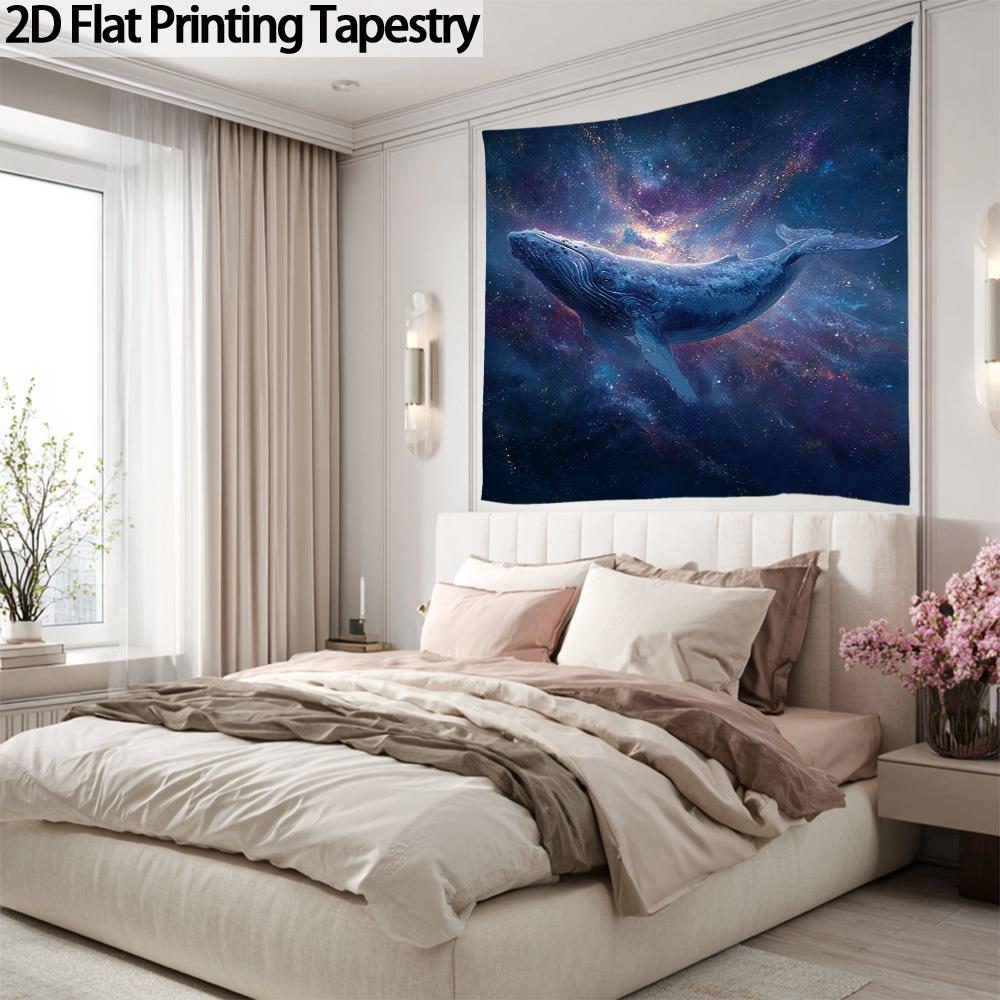 2D Flat Celestial Whale Wall Hanging, Deep Blue Cosmic Ocean Scene with Bright Whale and Starry Night Sky, Horizon, 1 Pc.