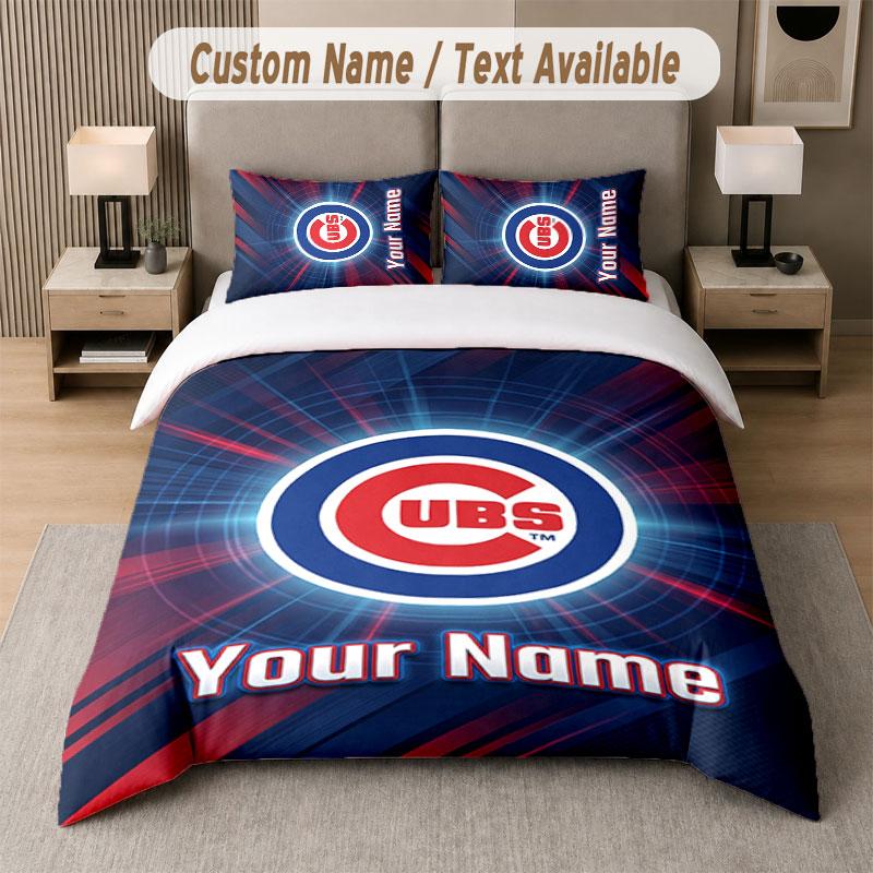 Custom Bedding Set Chicago Cubs Pattern, Print Name Text 1 Duvet Cover plus 2 Pillowcases Home Textile